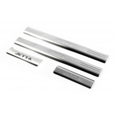 Накладки на внутренние пороги из нержавеющей стали 2 шт., (с надписью), OmsaLine - Итальянская Нержавейка для Volkswagen Jetta 2006-2011 гг