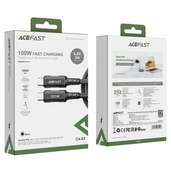 Кабель ACEFAST C4-03 Type-C to Type-C 5A, 100W, 2m, nylon, zinc connectors, Black