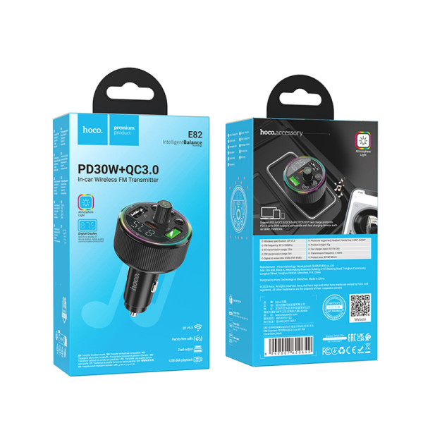 АЗП з FM-модулятором HOCO E82 Guerrero PD30W+QC3.0 car BT FM transmitter Black