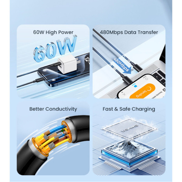 Кабель Usams SJ711 Type-C To Type-C 60W Fast Charging black