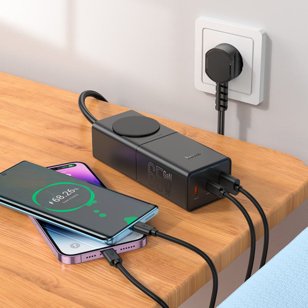 Мережевий зарядний пристрій HOCO NS4 Sharp PD65W(2C1A) desktop socket(EU/GER) Black