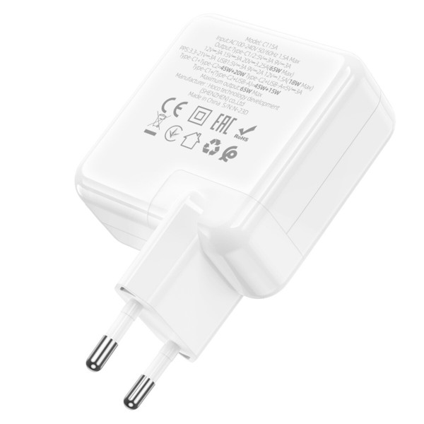 Мережевий зарядний пристрій HOCO C115A Header PD65W  GaN three-port(2C1A) charger White