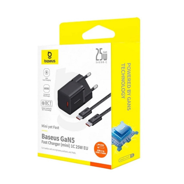 Мережевий зарядний пристрій з кабелем Baseus GaN5 Fast Charger (mini) 1C 25W EU Cluster Black (with: Fast Charging Data Cable Type-C)