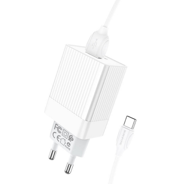 Мережевий зарядний пристрій з кабелем BOROFONE BA47A Mighty speed single port QC3.0 3A + Type-C cable 18W White