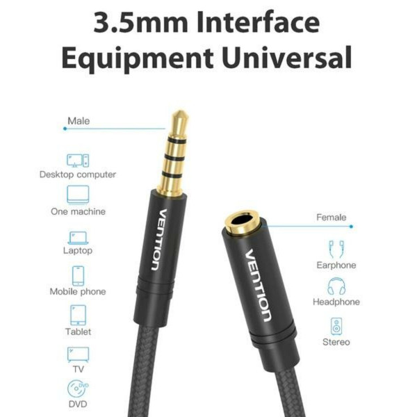 Аудіокабель Vention Cotton Braided 3.5mm Audio Extension Cable 2M Black Metal Type (VAB-B06-B200-M)