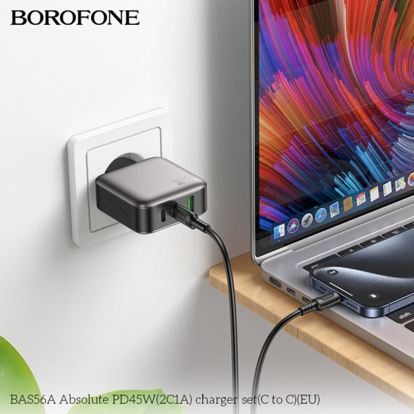 Мережевий зарядний пристрій з кабелем BOROFONE BAS56A Absolute PD45W (2C1A) charger set (C to C) (EU) Black