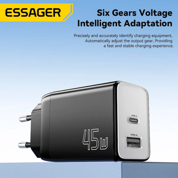 Мережевий зарядний пристрій ESSAGER ECT45W Gan 1USB 1T-C 45W black