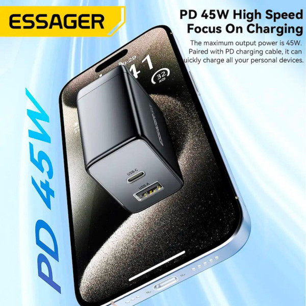 Мережевий зарядний пристрій ESSAGER ECT45W Gan 1USB 1T-C 45W black