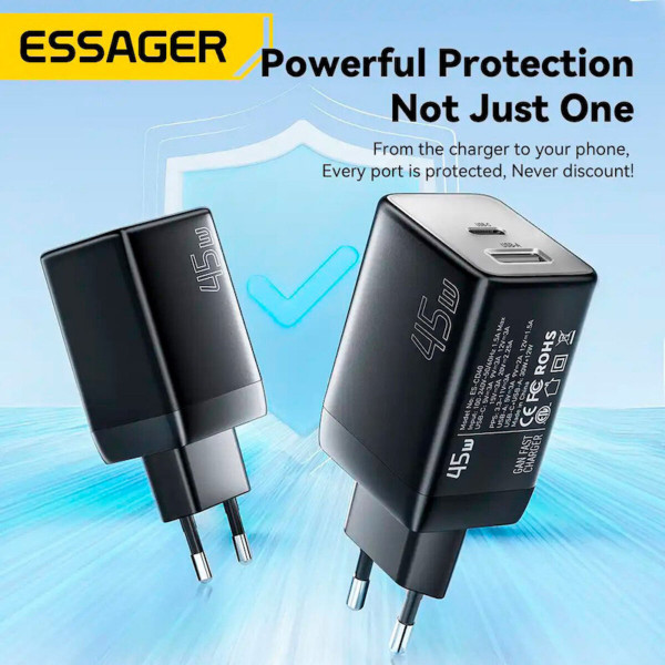 Мережевий зарядний пристрій ESSAGER ECT45W Gan 1USB 1T-C 45W black