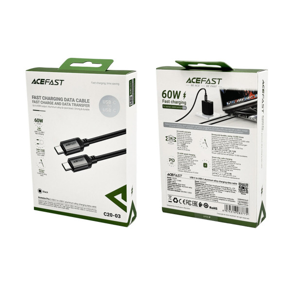 Кабель ACEFAST C20-03 USB-C to USB-C aluminum alloy charging data cable Black