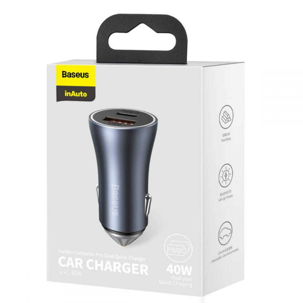 Автомобільний зарядний пристрій Baseus Golden Contactor Pro Dual Quick Charger Car Charger U+C 40W Dark Gray