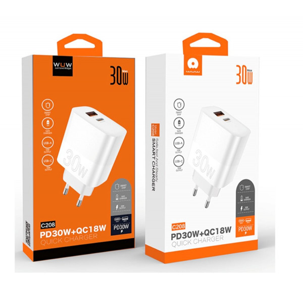 Мережевий зарядний пристрій WUW-C208 30W PD USB-C + USB QC3.0 18W white
