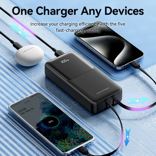 Зовнішній акумулятор Vention 20000mAh Power Bank (Micro-USB + USB-C + USB-A + USB-A) with Built-in USB-C and Lightning Cables 22.5W Black LED Display