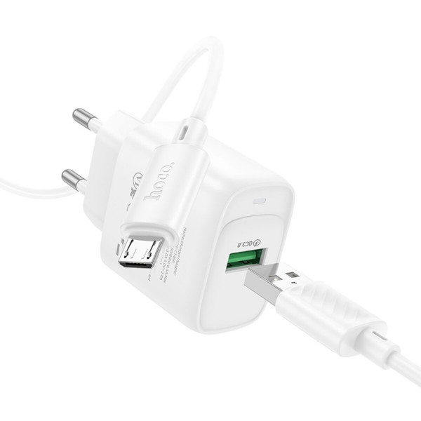Мережевий зарядний пристрій HOCO C140A Smart single port QC3.0 charger set (Micro)(EU) White