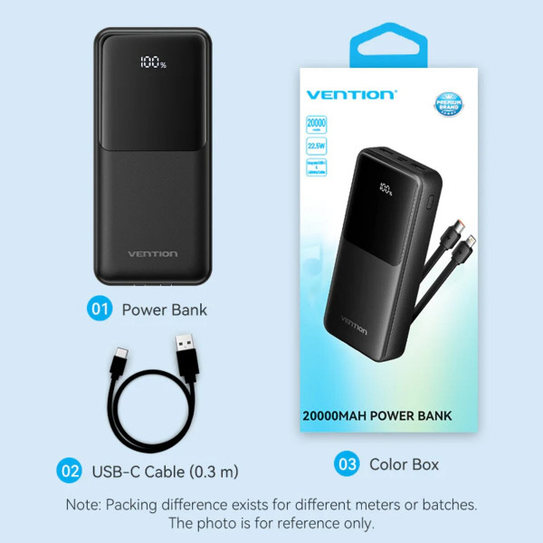Зовнішній акумулятор Vention 20000mAh Power Bank (Micro-USB + USB-C + USB-A + USB-A) with Built-in USB-C and Lightning Cables 22.5W Black LED Display