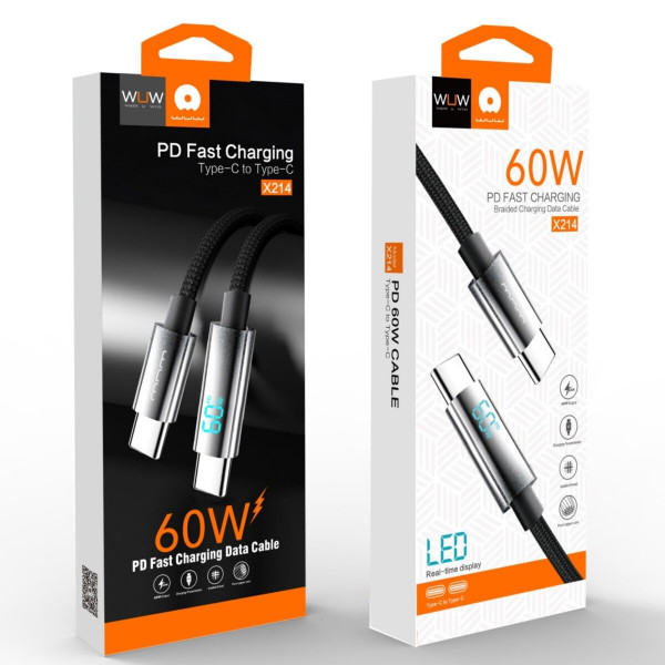 Кабель WUW-X214 Type-C to Type-C PD60W 1m Black
