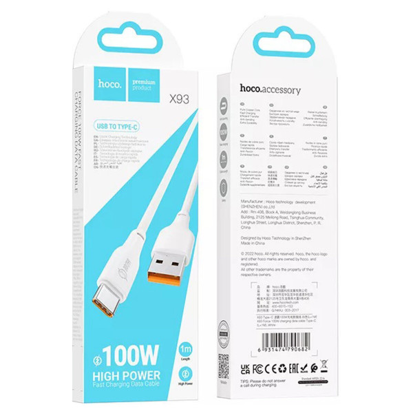 Кабель HOCO X93 USB to Type-C 100W, 1m, TPE, TPE connectors, White