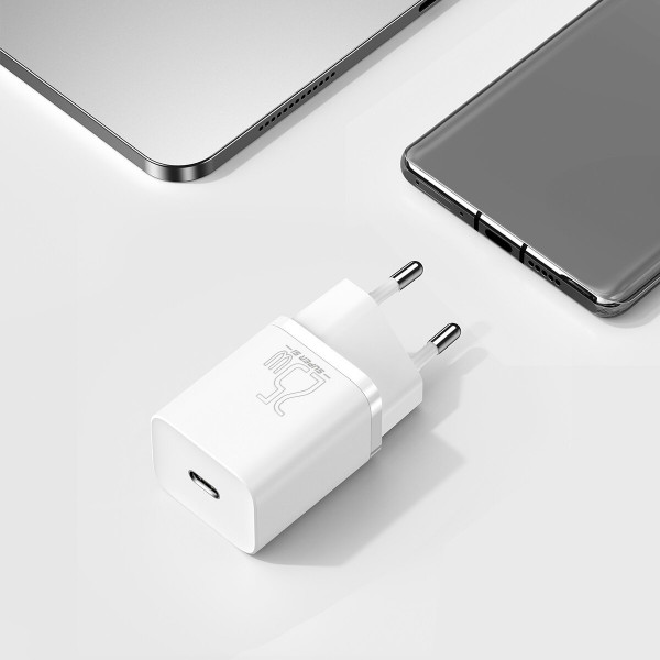 Мережевий зарядний пристрій з кабелем Baseus Super Si Quick Charger 1C 25W EU Sets White（ Mini White Cable Type-C to Type-C 3A 1m White）