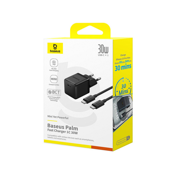 Мережевий зарядний пристрій Baseus Palm Fast Charger 1C 30W EU Cluster Black(With: Baseus Mini White Cable Type-C to Type-C 60W(20V/3A) 1m Cluster Bla
