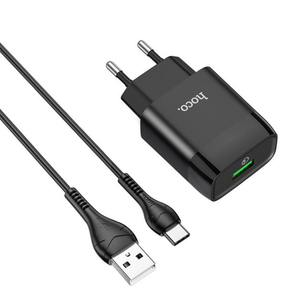 Мережевий зарядний пристрій з кабелем HOCO C72Q Glorious single port QC3.0 charger set(Type-C) 18W  Black