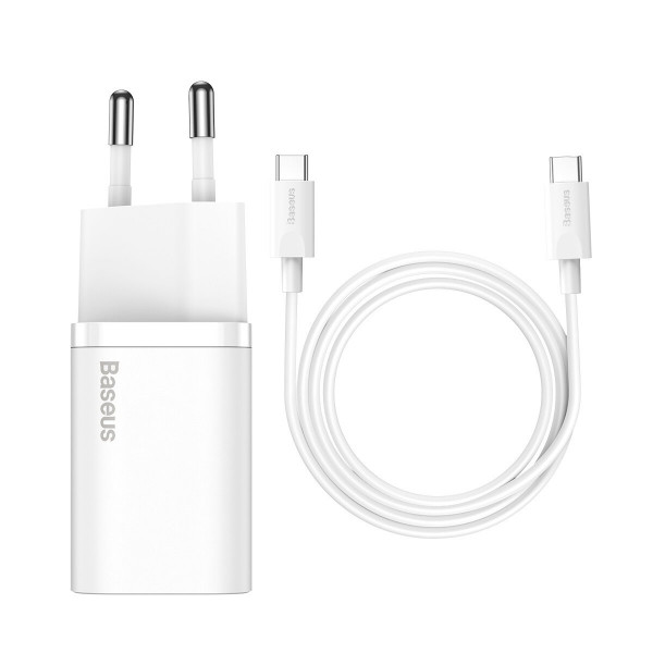 Мережевий зарядний пристрій з кабелем Baseus Super Si Quick Charger 1C 25W EU Sets White（ Mini White Cable Type-C to Type-C 3A 1m White）