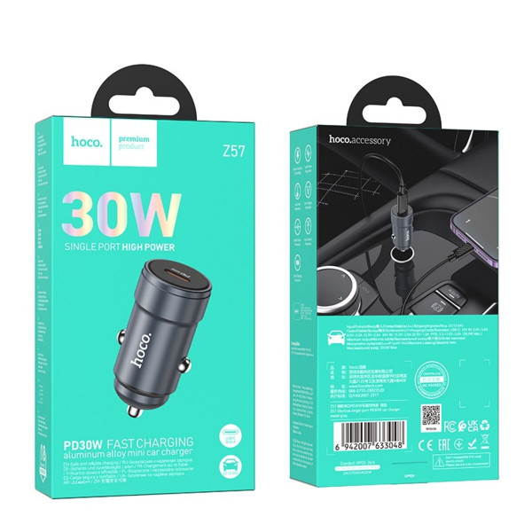 Автомобільний зарядний пристрій HOCO Z57 Glorious single-port PD30W car charger Metal Gray