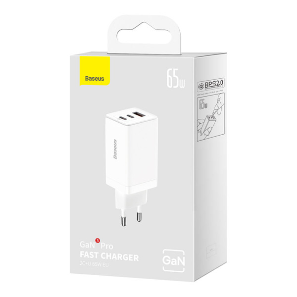 Мережевий зарядний пристрій з кабелем Baseus GaN5 Pro Fast Charger 2C+U 65W  EU  White (Baseus Xiaobai charging Cable Type-C  to Type-C 100W)