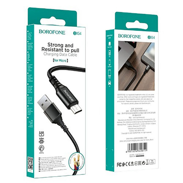 Кабель BOROFONE BX54 Ultra bright Micro-USB 1m 2.4A Black
