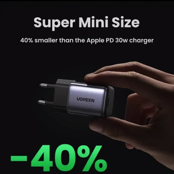 Мережевий зарядний пристрій UGREEN CD319 USB-C GaN Fast Charger 30W EU (Space Gray)(UGR-90666)