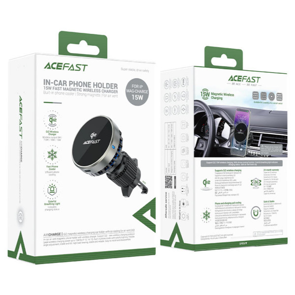 Автотримач для телефона з БЗП ACEFAST D40 Qi2 Magnetic Wireless Charging car holder with Ice Cooling for air vent Metal gray