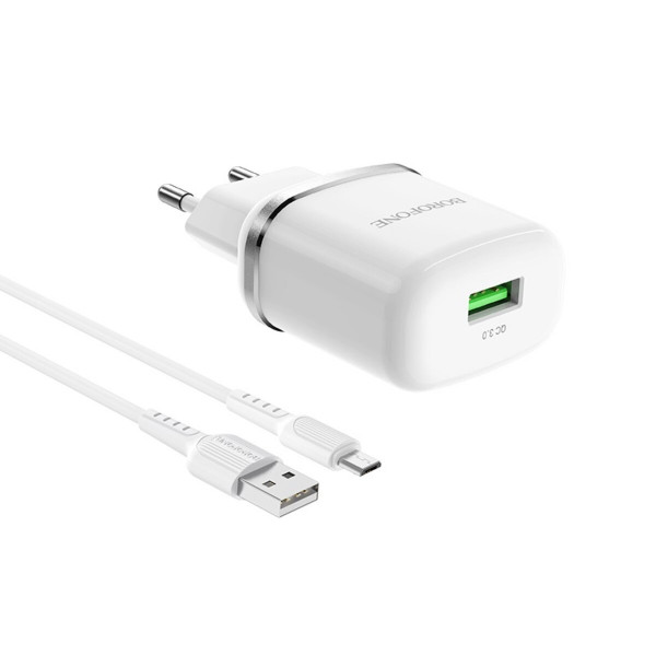 Мережевий зарядний пристрій з кабелем BOROFONE BA36A High speed single port QC3.0 charger set 18W(Micro) White