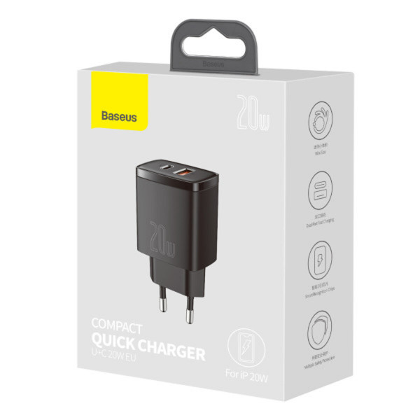 Мережевий зарядний пристрій Baseus Compact Quick Charger U+C 20W EU Black