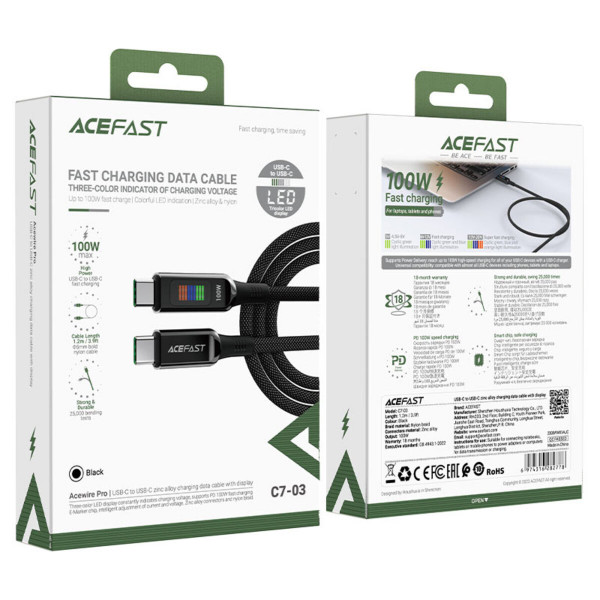 Кабель ACEFAST C7-03 Type-C to Type-C 5A, 100W, 1.2m, nylon, zinc connectors, LED, Black