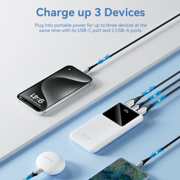 Зовнішній акумулятор Vention 10000mAh Power Bank (Micro-USB + USB-C + USB-A + USB-A) 22.5W Black LED Display Type