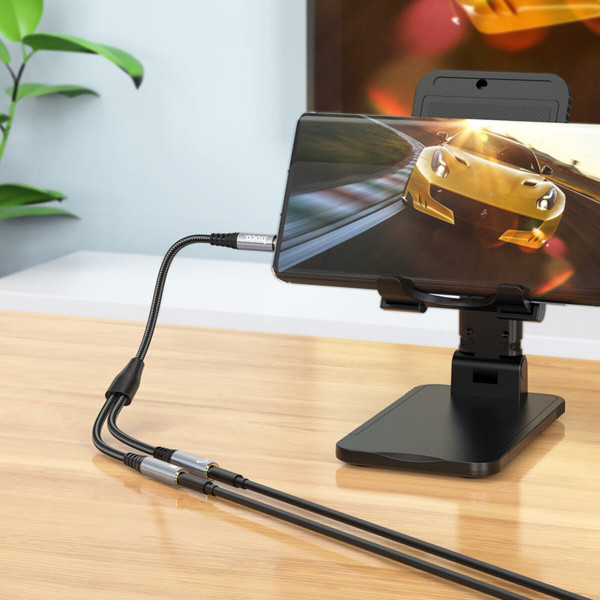 Аудіокабель HOCO UPA21 2-in-1 3.5 headset audio adapter cable(male to 2*female) Metal gray