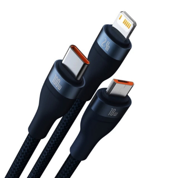 Кабель Baseus Flash Series Ⅱ One-for-three Fast Charging Data Cable USB to M+L+C 100W 1.2m Blue