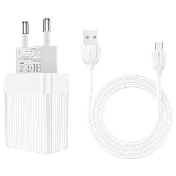 Мережевий зарядний пристрій з кабелем BOROFONE BA47A Mighty speed single port QC3.0 3A + Micro-USB cable 18W White