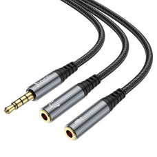 Аудіокабель HOCO UPA21 2-in-1 3.5 headset audio adapter cable(male to 2*female) Metal gray
