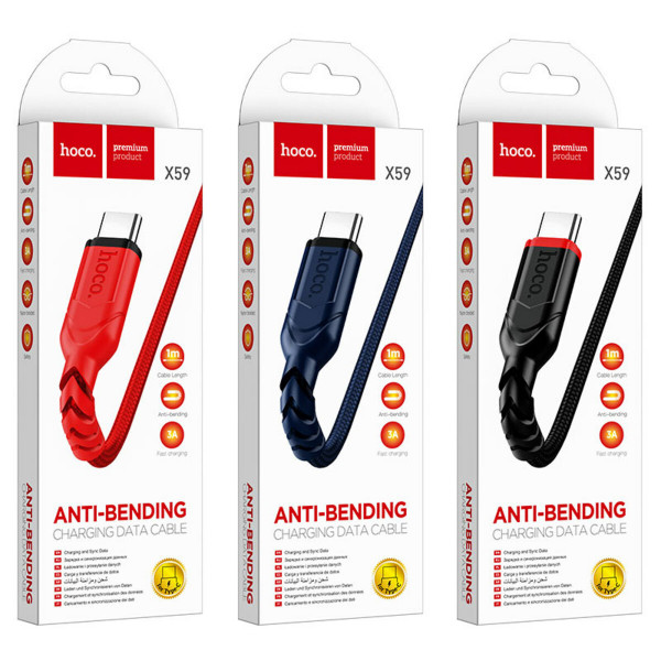 Кабель HOCO X59 USB to Type-C 3A, 1m, nylon, TPE connectors, Black