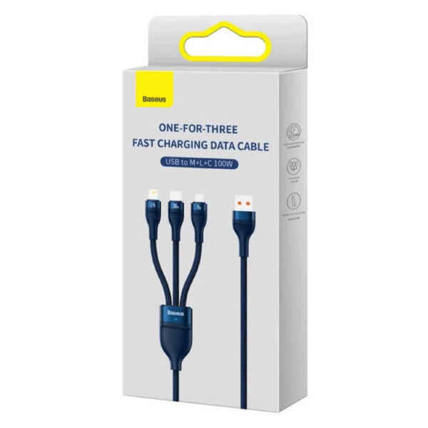 Кабель Baseus Flash Series Ⅱ One-for-three Fast Charging Data Cable USB to M+L+C 100W 1.2m Blue
