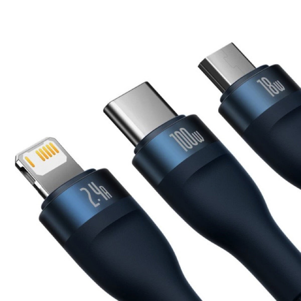 Кабель Baseus Flash Series Ⅱ One-for-three Fast Charging Data Cable USB to M+L+C 100W 1.2m Blue