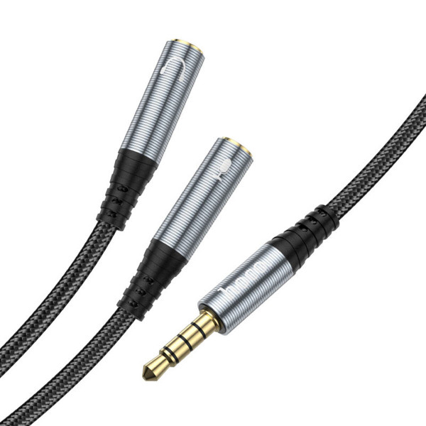 Аудіокабель HOCO UPA21 2-in-1 3.5 headset audio adapter cable(male to 2*female) Metal gray