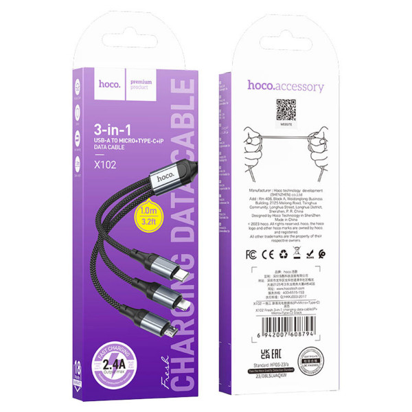 Кабель HOCO X102 Fresh 3-in-1 charging data cable (iP+Micro+Type-C) Black