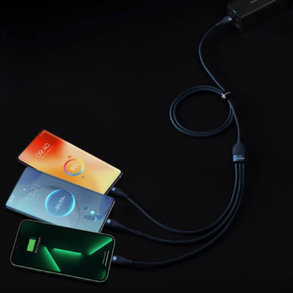 Кабель Baseus Flash Series Ⅱ One-for-three Fast Charging Data Cable USB to M+L+C 100W 1.2m Blue