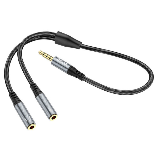 Аудіокабель HOCO UPA21 2-in-1 3.5 headset audio adapter cable(male to 2*female) Metal gray