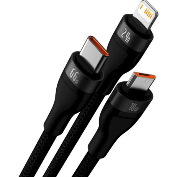 Кабель Baseus Flash Series Ⅱ One-for-three Fast Charging Data Cable USB to M+L+C 100W 1.2m Black