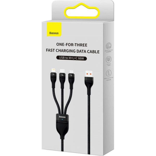 Кабель Baseus Flash Series Ⅱ One-for-three Fast Charging Data Cable USB to M+L+C 100W 1.2m Black