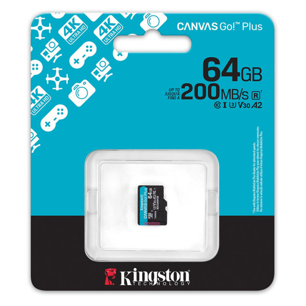 Карта пам'яті microSDXC (UHS-1 U3) Kingston Canvas Go! Plus 64Gb class 10 A2 V30 (R200MB/s)