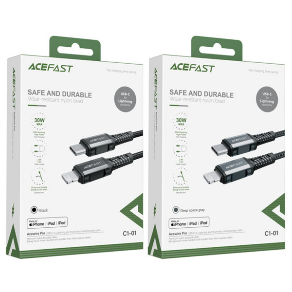 Кабель ACEFAST C1-01 Type-C to iP 3A, 1.2m, nylon, aluminum connectors, Black
