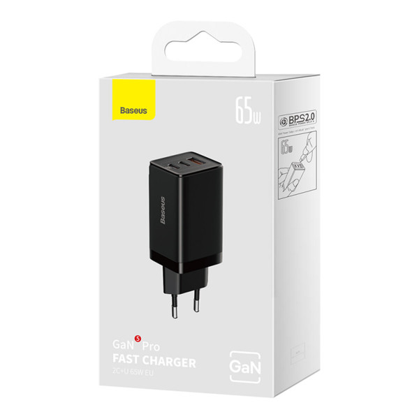 Мережевий зарядний пристрій з кабелем Baseus GaN5 Pro Fast Charger 2C+U 65W  EU  Black(Baseus Xiaobai charging Cable Type-C  to Type-C 100W)